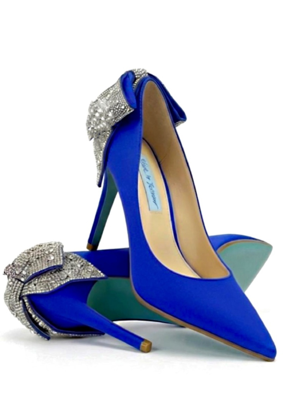 RARE Blue by Betsey Johnson Bryn Bow Blue Satin Rhinestone Pumps sz 7.5M - Picture 3 of 13